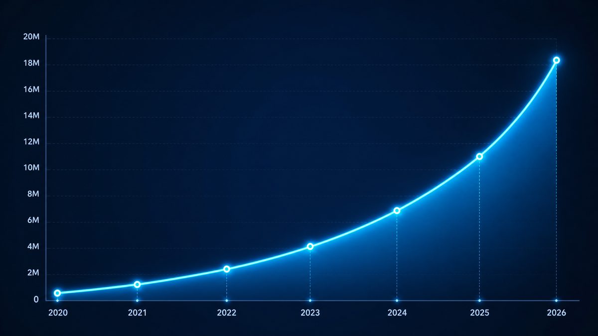 91每日大赛用户增长数据图表,展示2020-2026年注册用户从50万增长至1800万的趋势
